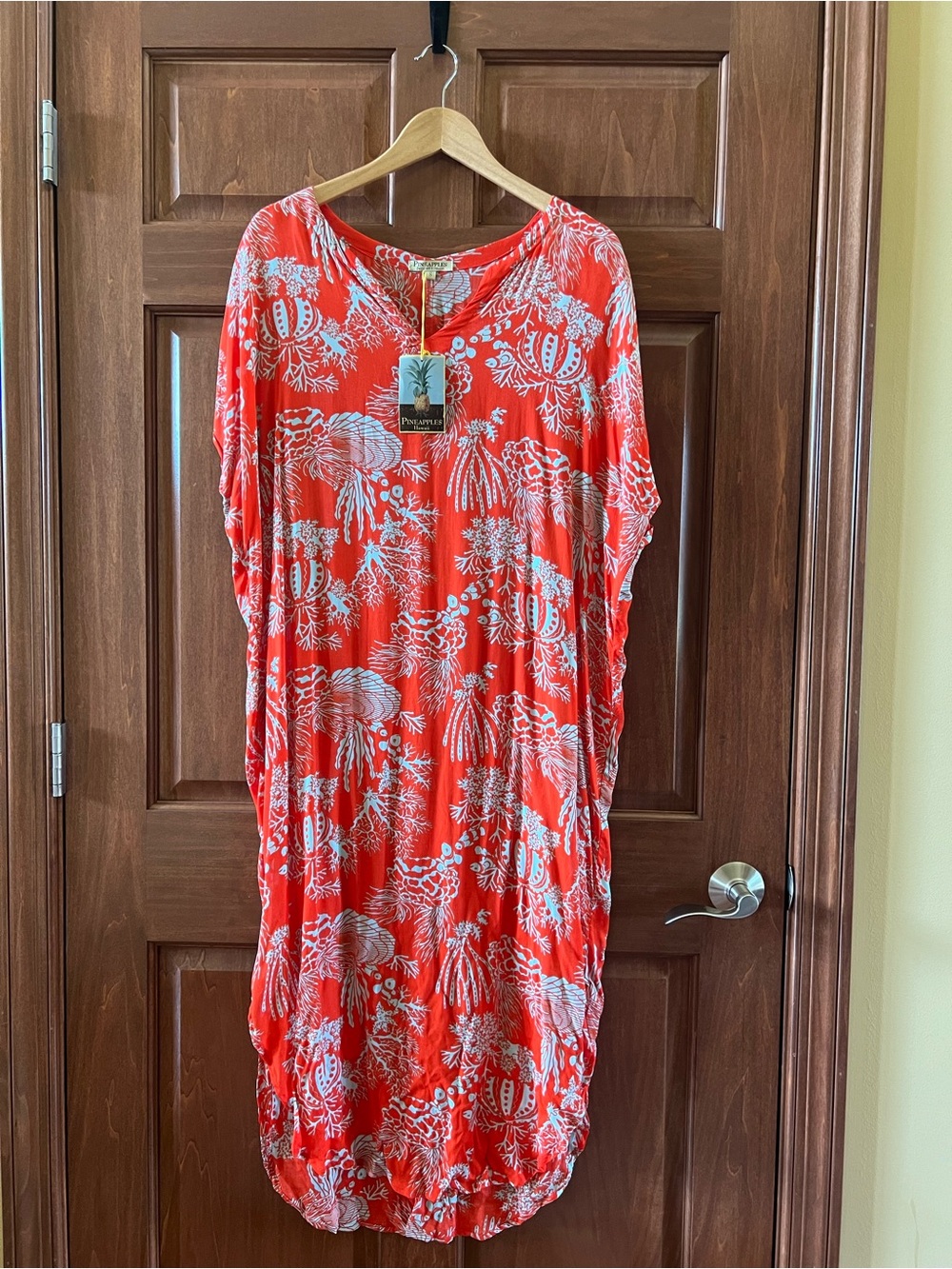 Pineapples Boutique Caftan Maxi Dress Coral Red and Light Blue Size S